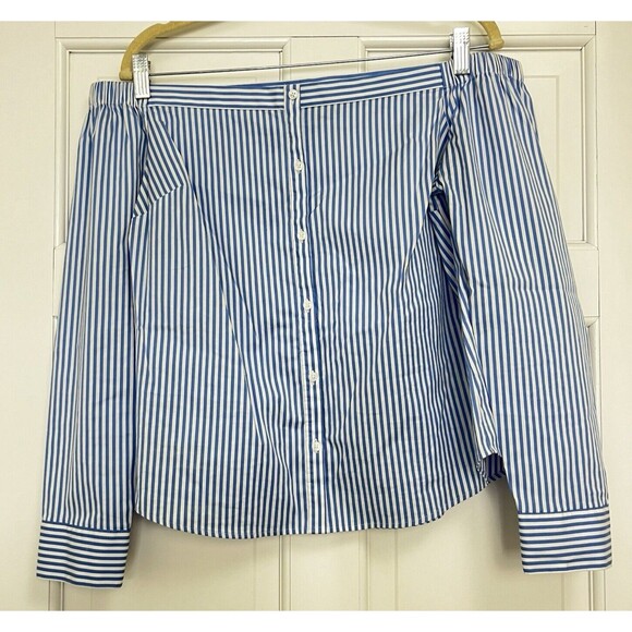 Express Blouse Womens M Blue‎ Striped Off The Shoulder Stretchy Top Long Sleeeve - Picture 1 of 7
